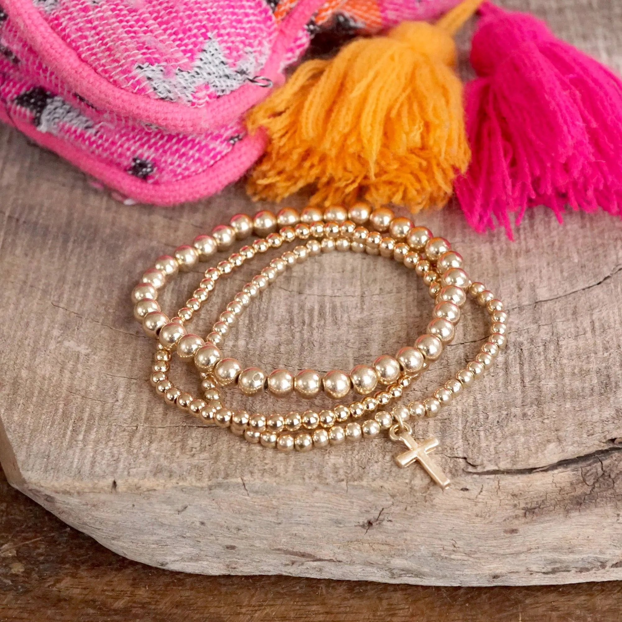 Mini Cross Charm Stretchy Bracelet Set in Worn Gold