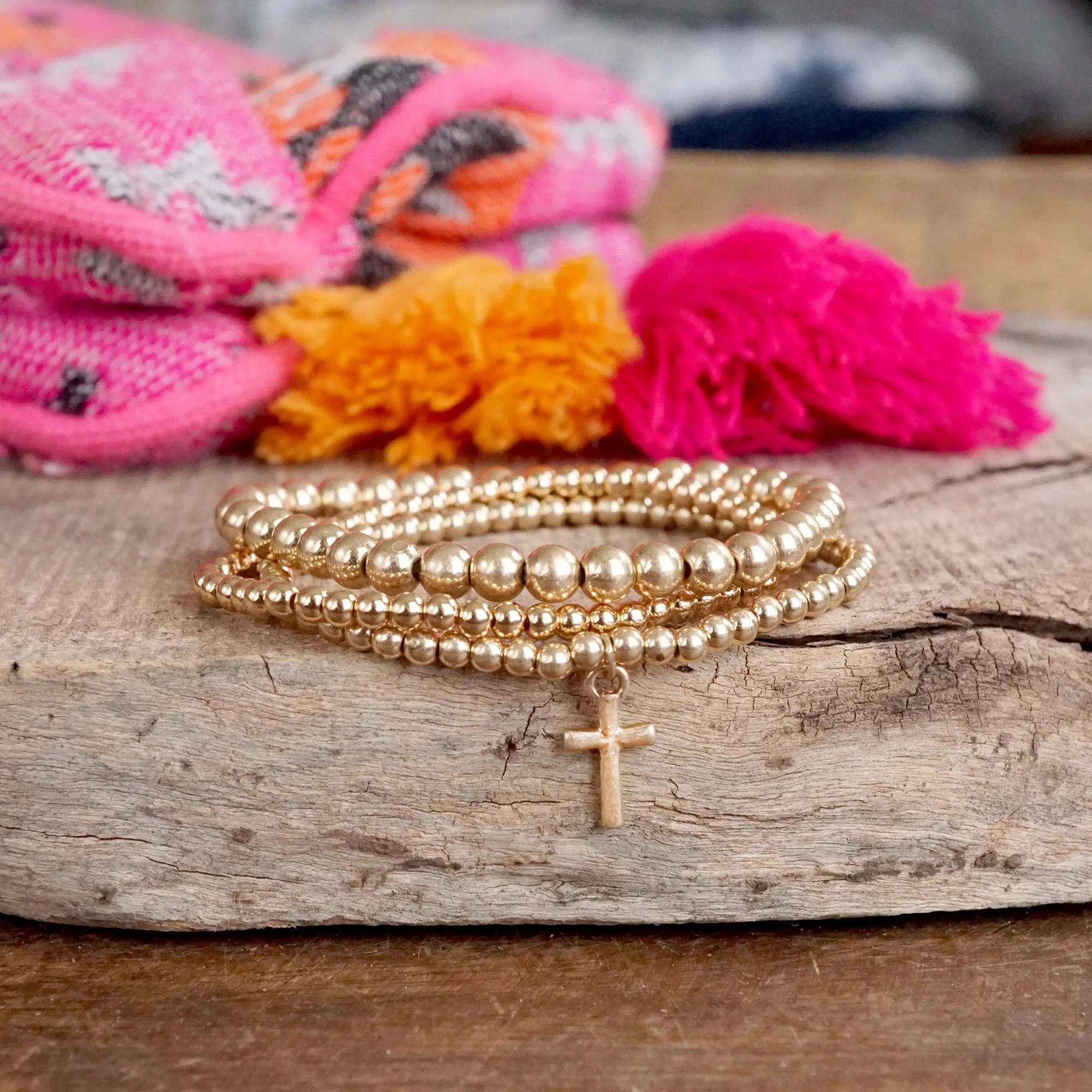 Mini Cross Charm Stretchy Bracelet Set in Worn Gold