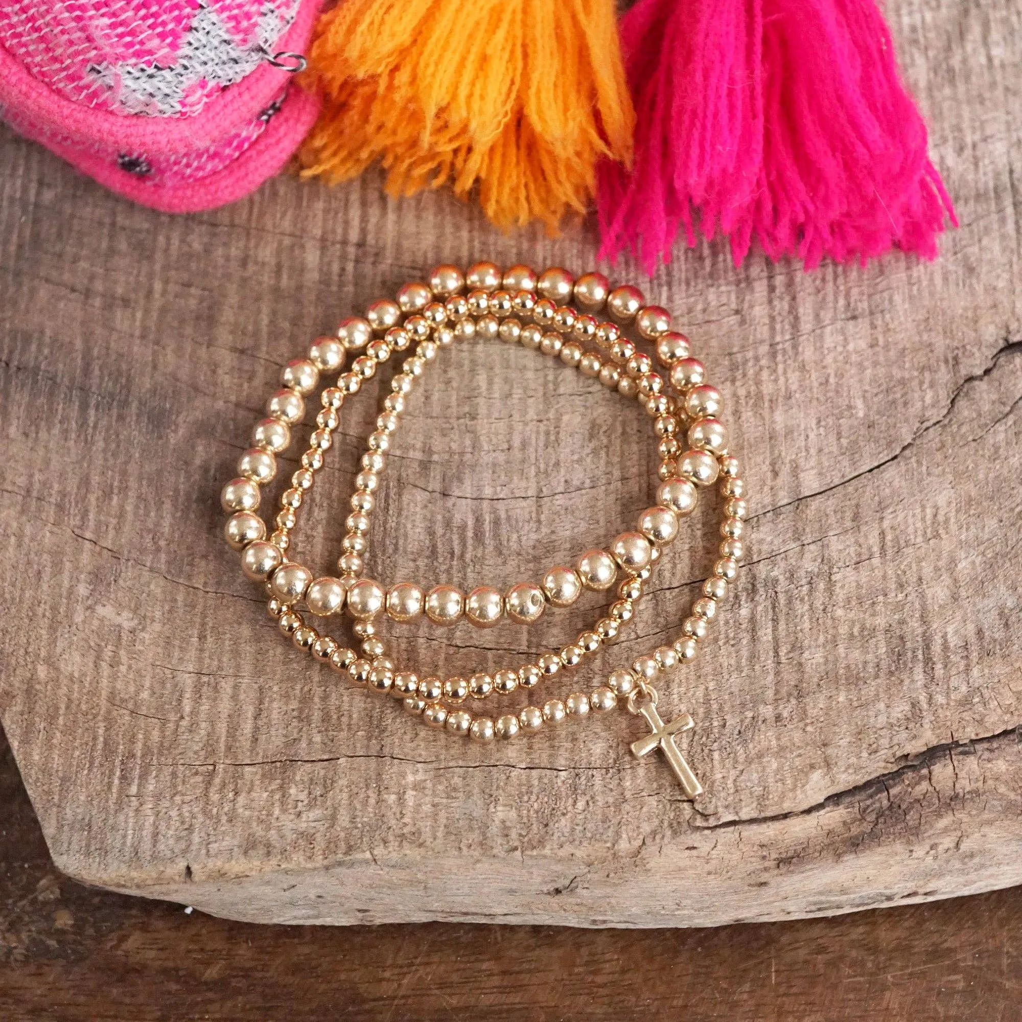 Mini Cross Charm Stretchy Bracelet Set in Worn Gold