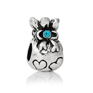 Money Bag w/ Hearts and Blue Crystals European Bead Compatible for Most European Snake Chain Bracelet