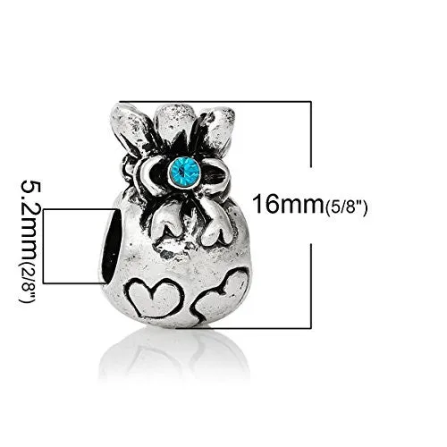 Money Bag w/ Hearts and Blue Crystals European Bead Compatible for Most European Snake Chain Bracelet