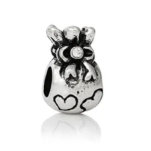 Money Bag w/ Hearts and Clear Crystals European Bead Compatible for Most European Snake Chain Bracelet