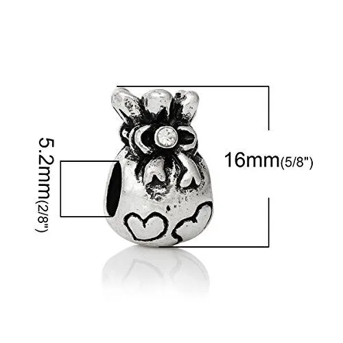 Money Bag w/ Hearts and Clear Crystals European Bead Compatible for Most European Snake Chain Bracelet
