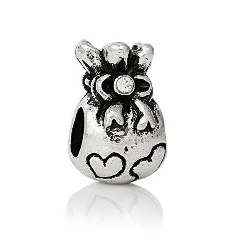 Money Bag w/ Hearts and Clear Crystals European Bead Compatible for Most European Snake Chain Bracelet