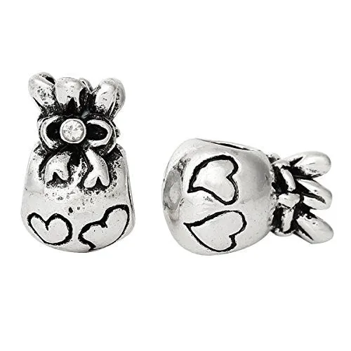 Money Bag w/ Hearts and Clear Crystals European Bead Compatible for Most European Snake Chain Bracelet