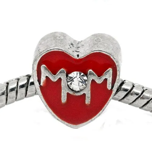 Mother Day Mom Red Heart European Bead Compatible for Most European Snake Chain Bracelet