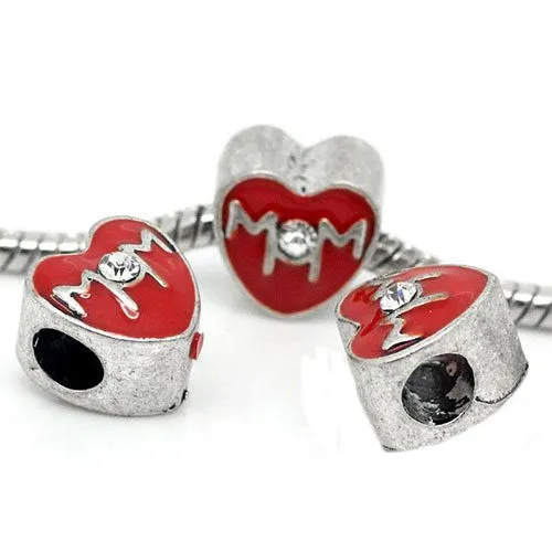 Mother Day Mom Red Heart European Bead Compatible for Most European Snake Chain Bracelet