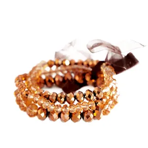 MULTI COLOR BROWN AND TOPAZ MIXED GLASS CRYSTAL WITH BROWN BOW STRETCH BRACELET SET OF 3PCS  #HNB91067_BRW_MIX (MG11/R-LH4)