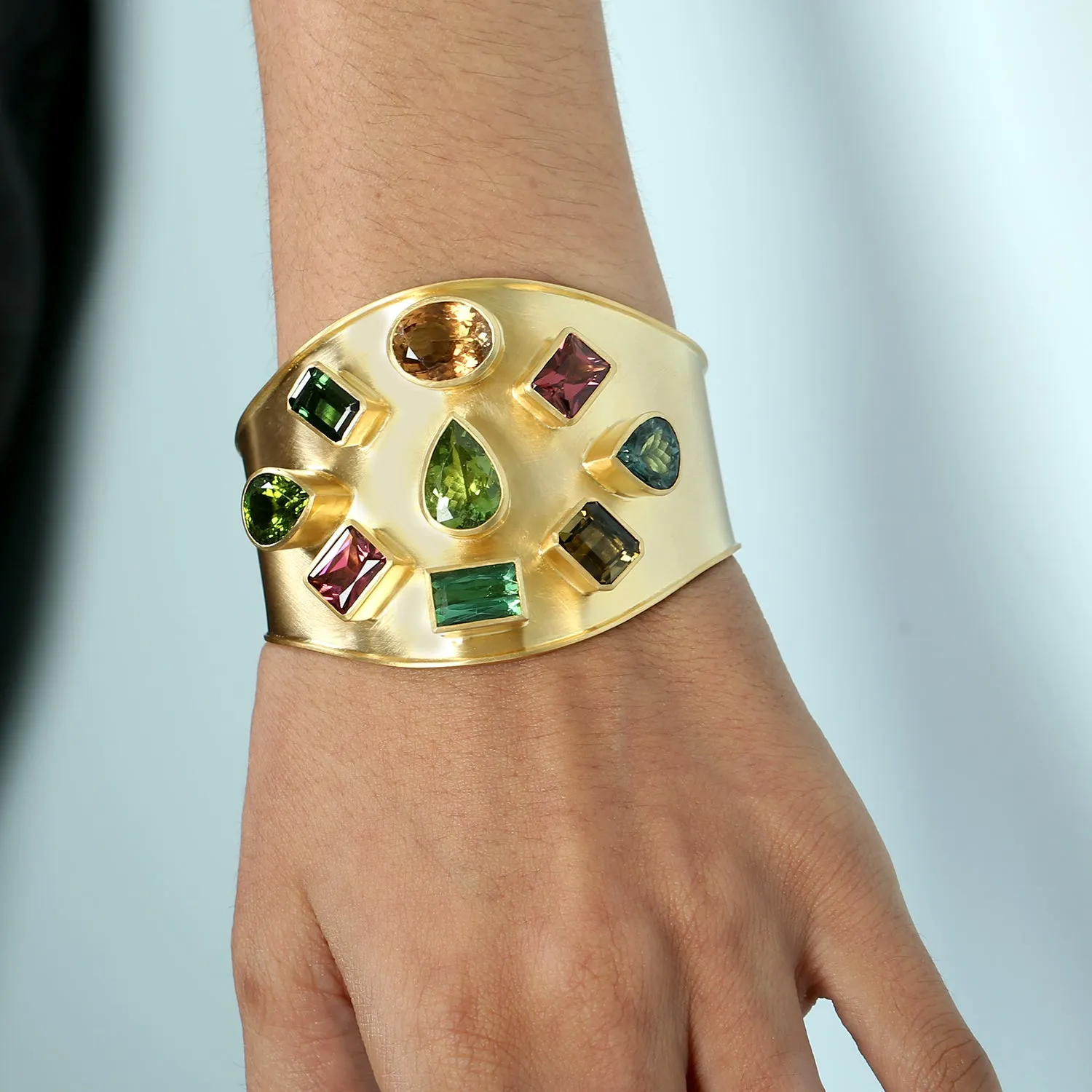 Multicolor Tourmaline Gemstone Beautiful Cuff Bracelet In Yellow Gold For Wedding