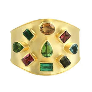Multicolor Tourmaline Gemstone Beautiful Cuff Bracelet In Yellow Gold For Wedding