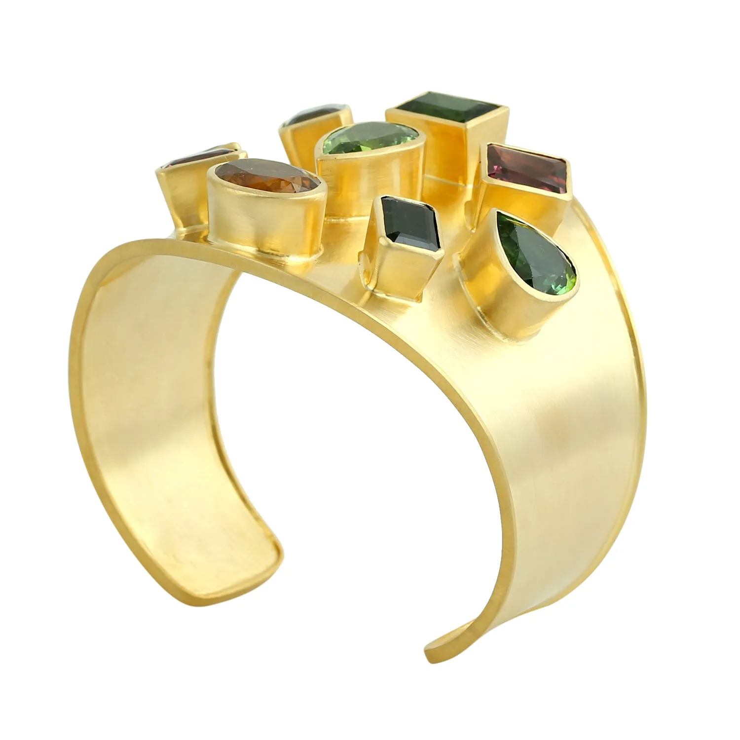 Multicolor Tourmaline Gemstone Beautiful Cuff Bracelet In Yellow Gold For Wedding
