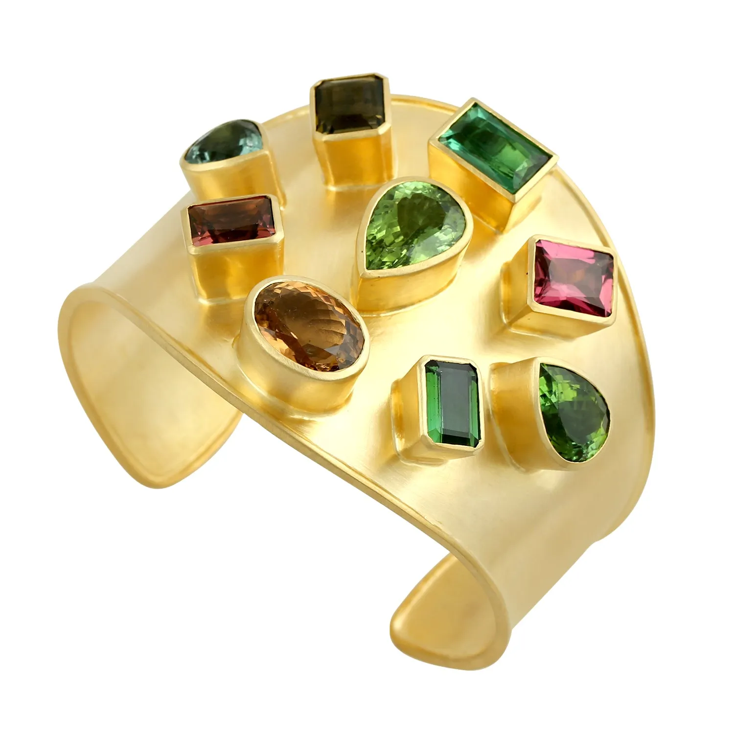 Multicolor Tourmaline Gemstone Beautiful Cuff Bracelet In Yellow Gold For Wedding
