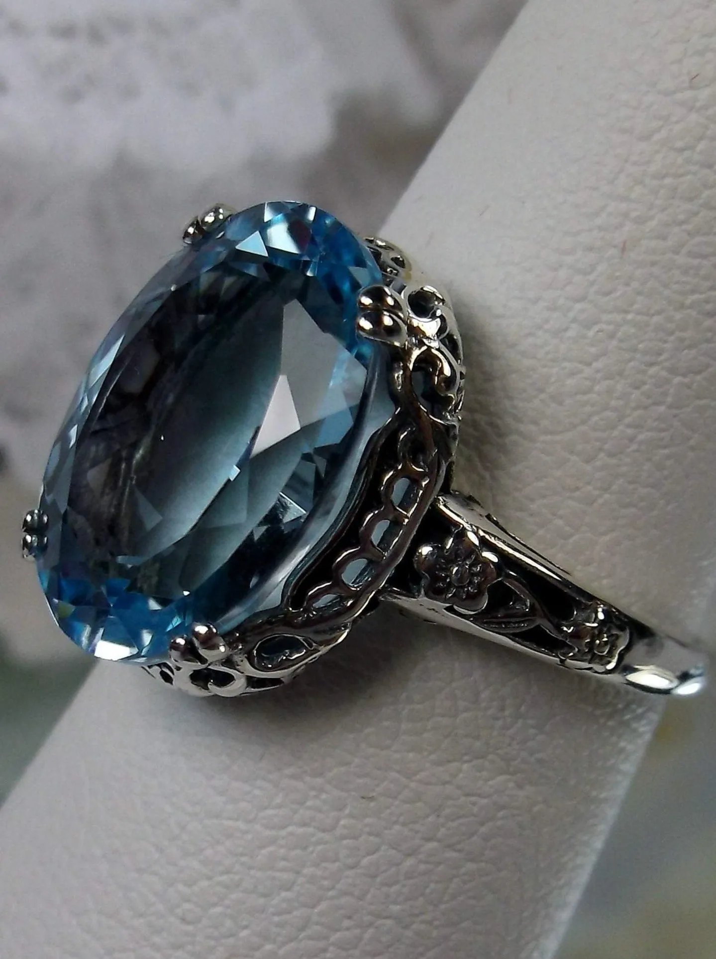 Natural Blue Topaz Ring, Sterling Silver Edwardian Jewelry #D70