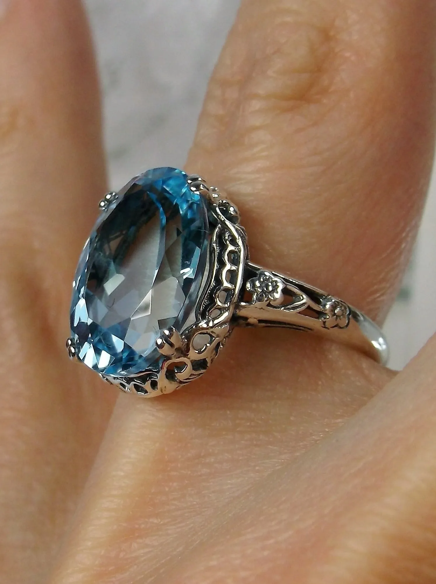 Natural Blue Topaz Ring, Sterling Silver Edwardian Jewelry #D70