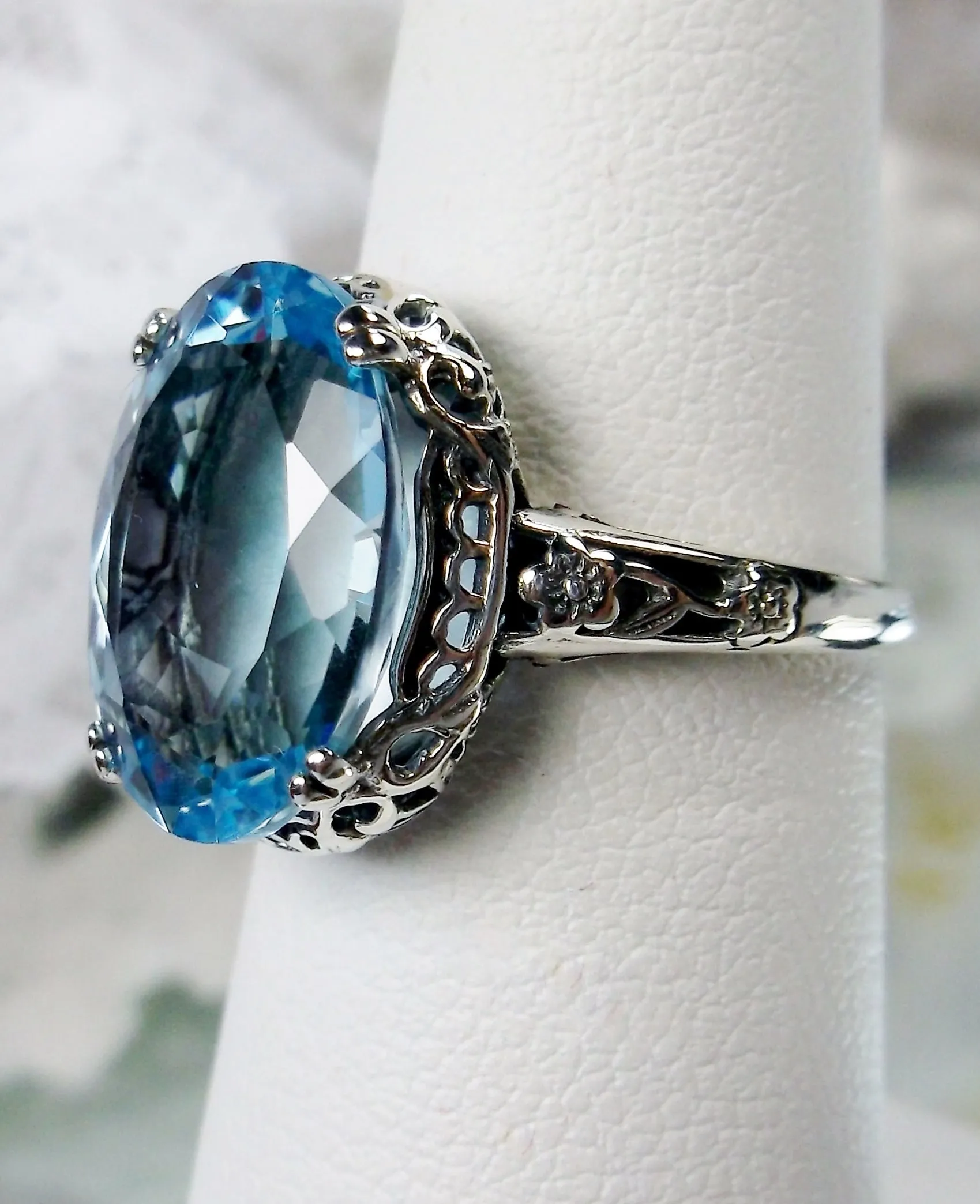 Natural Blue Topaz Ring, Sterling Silver Edwardian Jewelry #D70