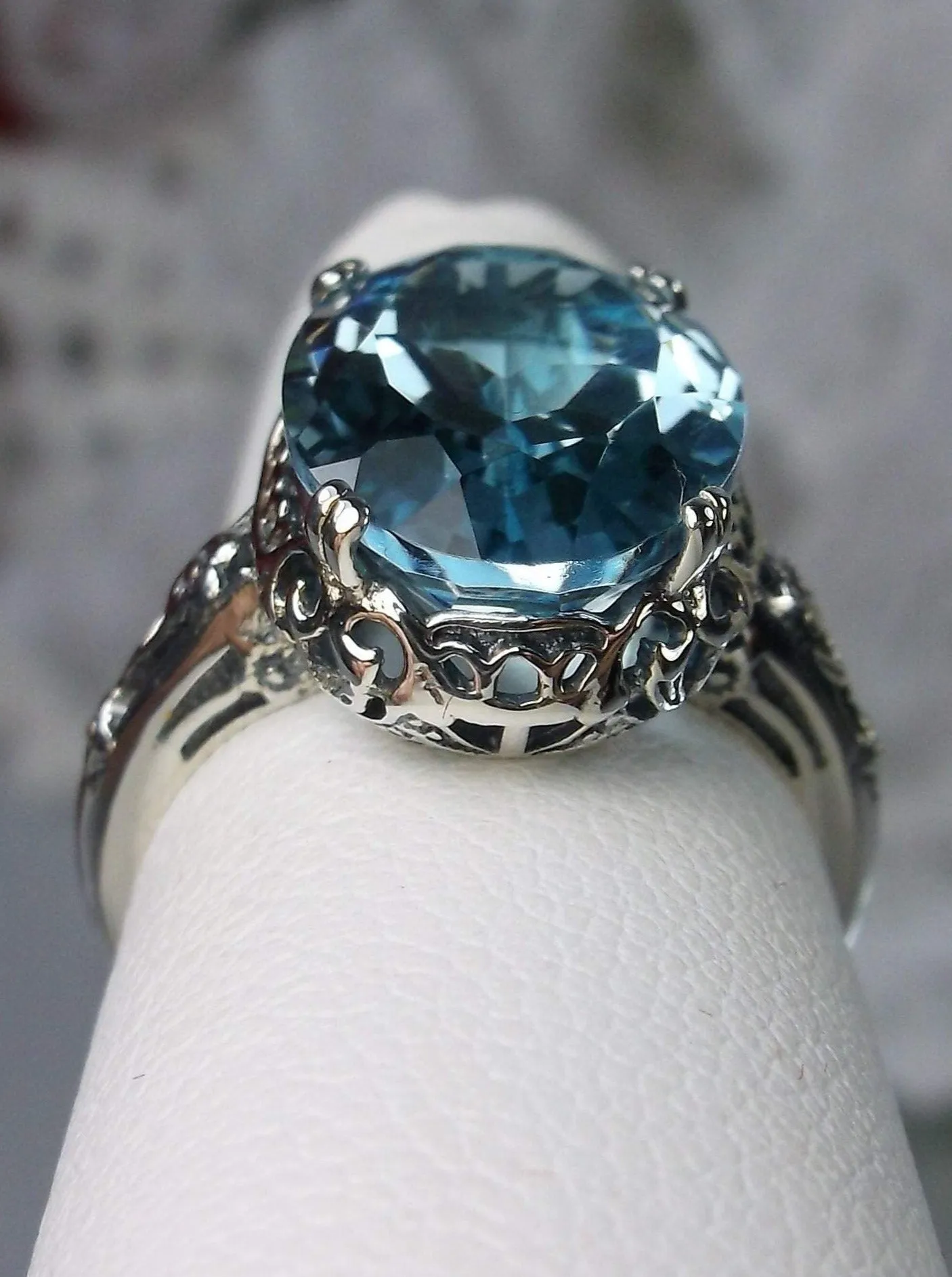 Natural Blue Topaz Ring, Sterling Silver Edwardian Jewelry #D70