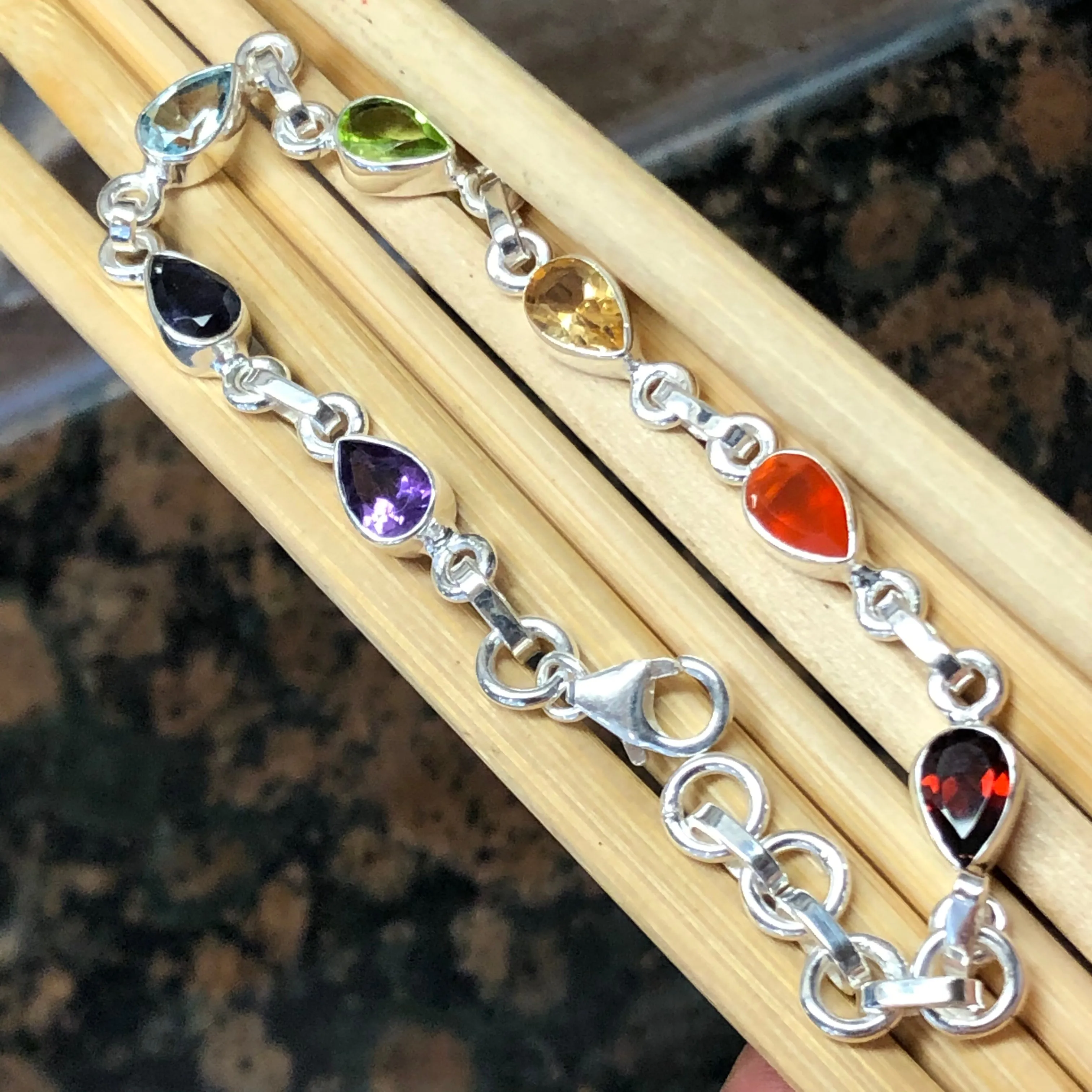 Natural Garnet, Carnelian, Citrine, Peridot 925 Solid Sterling Silver 7-Chakra Bracelet 7"