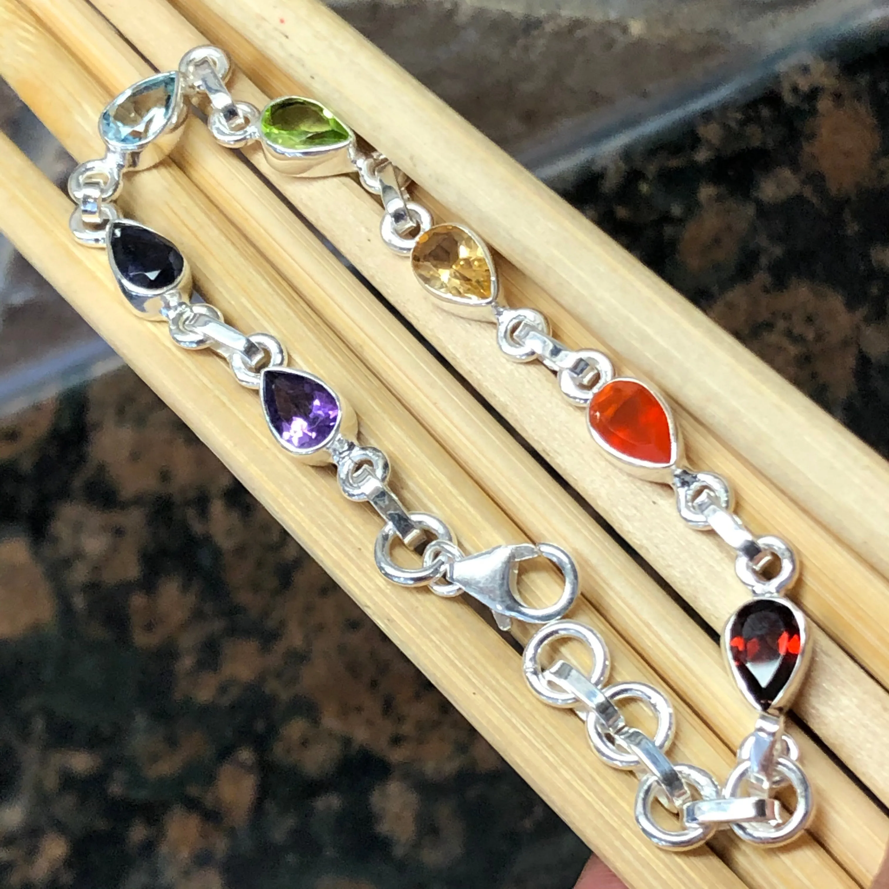 Natural Garnet, Carnelian, Citrine, Peridot 925 Solid Sterling Silver 7-Chakra Bracelet 7"