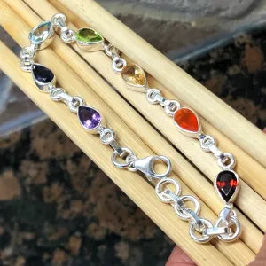 Natural Garnet, Carnelian, Citrine, Peridot 925 Solid Sterling Silver 7-Chakra Bracelet 7"