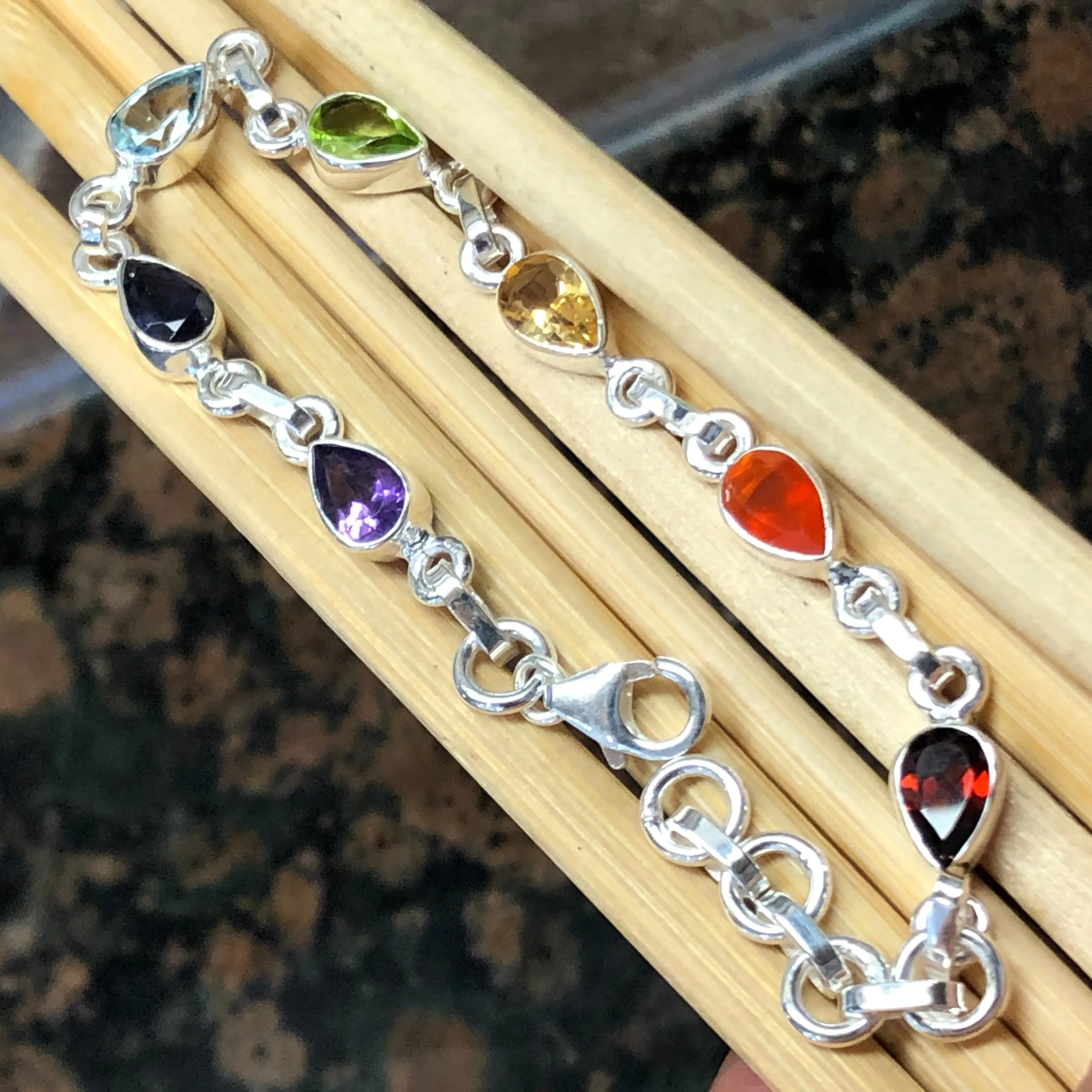 Natural Garnet, Carnelian, Citrine, Peridot 925 Solid Sterling Silver 7-Chakra Bracelet 7"