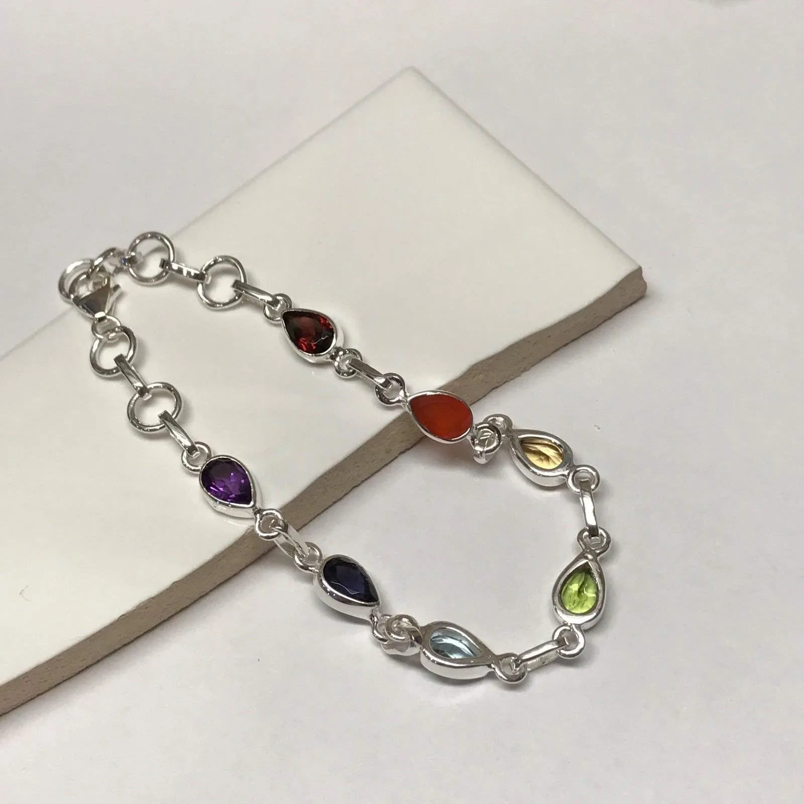 Natural Garnet, Carnelian, Citrine, Peridot 925 Solid Sterling Silver 7-Chakra Bracelet 7"