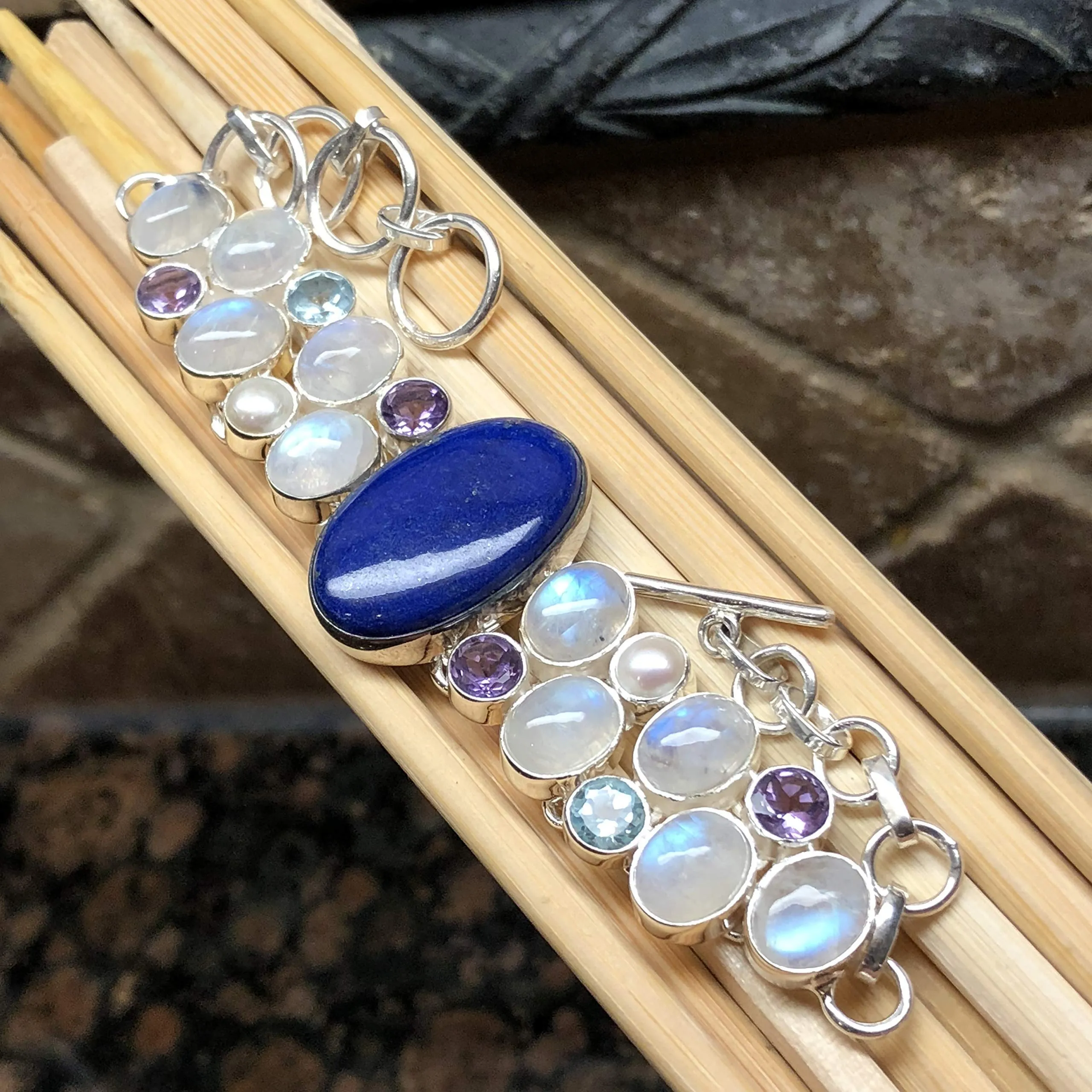 Natural Lapis Lazuli, Moonstone, Blue Topaz, Amethyst, Pearl 925 Sterling Silver Bracelets 7 1/2 "