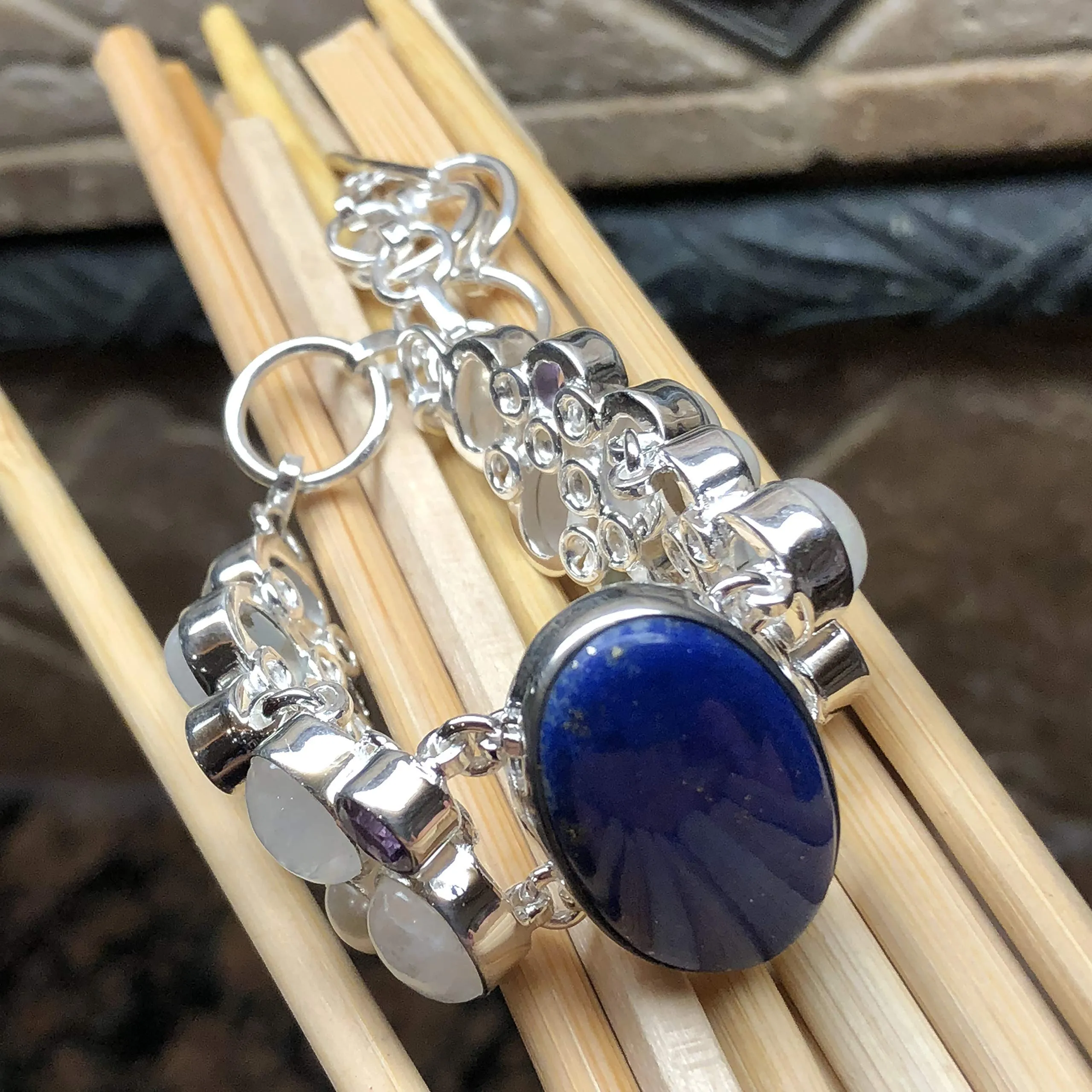 Natural Lapis Lazuli, Moonstone, Blue Topaz, Amethyst, Pearl 925 Sterling Silver Bracelets 7 1/2 "