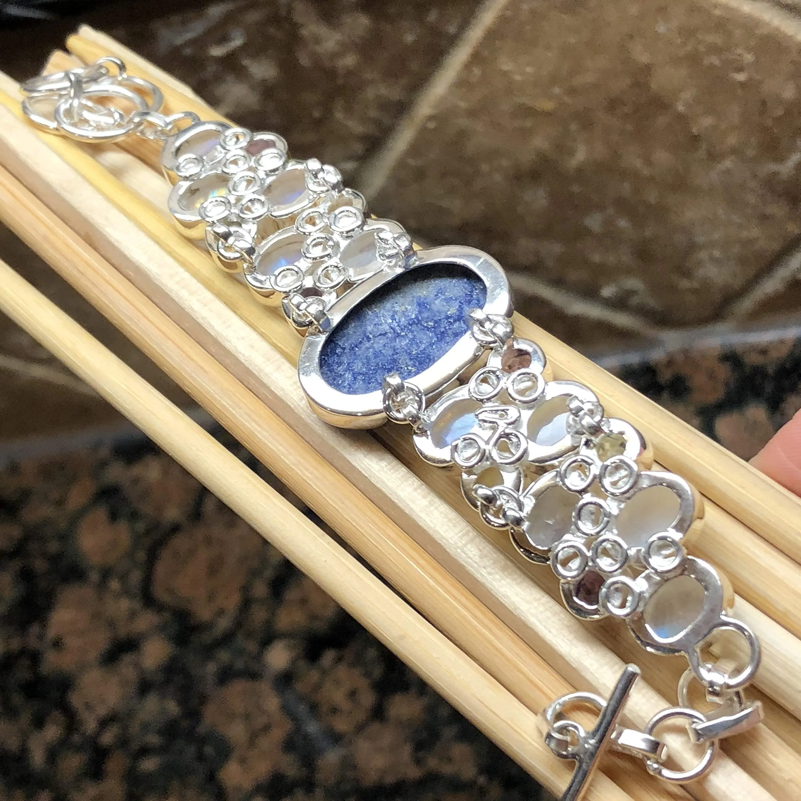 Natural Lapis Lazuli, Moonstone, Blue Topaz, Amethyst, Pearl 925 Sterling Silver Bracelets 7 1/2 "