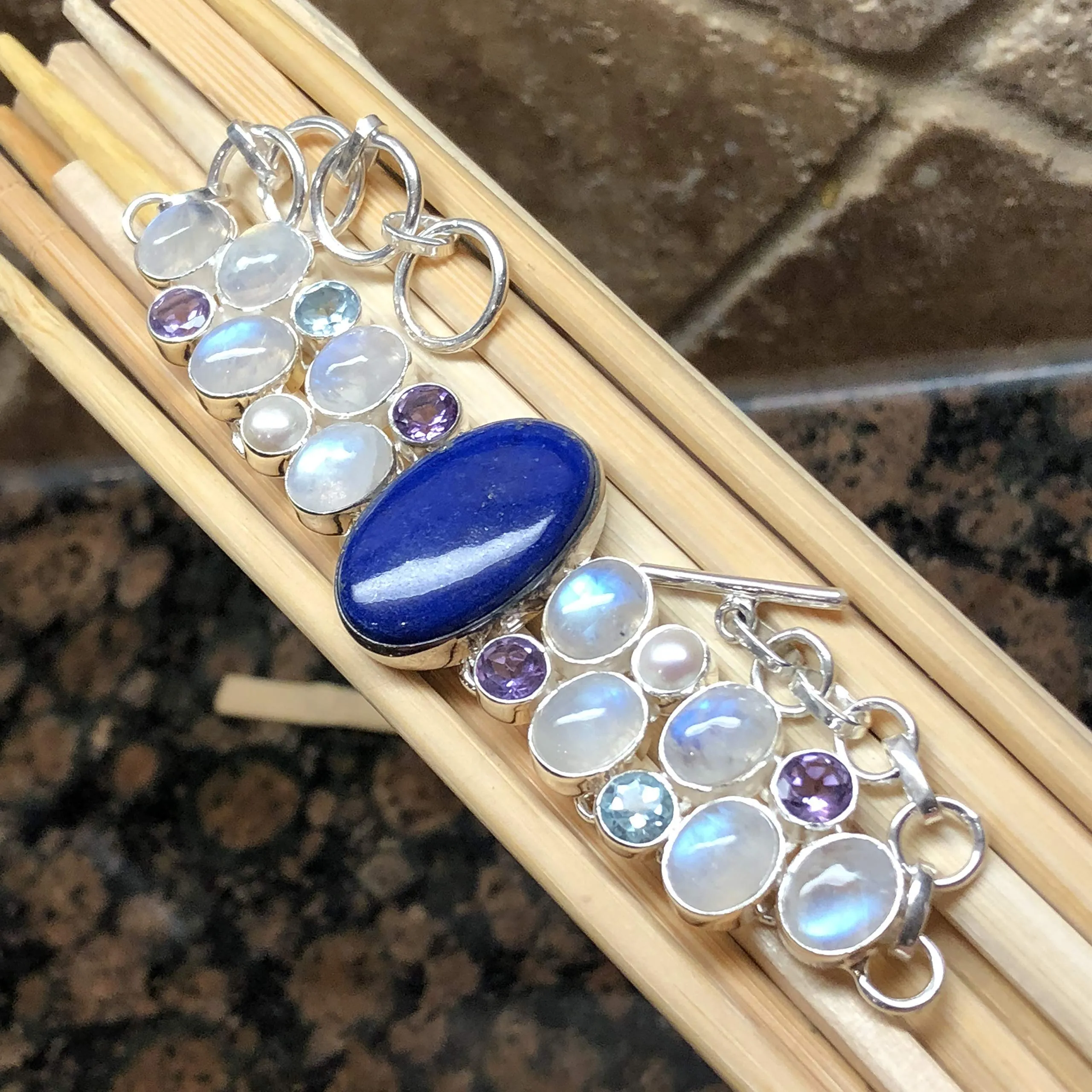 Natural Lapis Lazuli, Moonstone, Blue Topaz, Amethyst, Pearl 925 Sterling Silver Bracelets 7 1/2 "