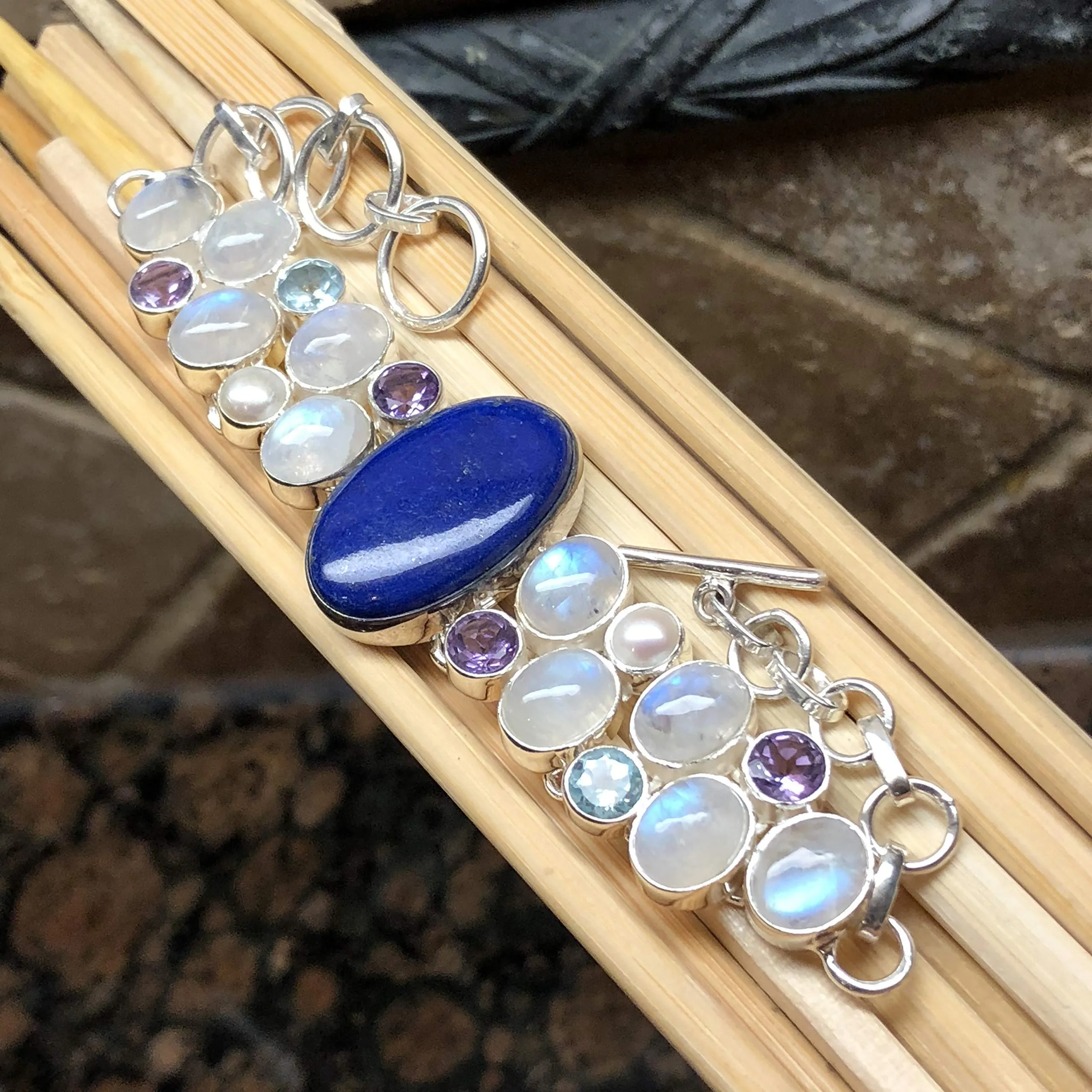 Natural Lapis Lazuli, Moonstone, Blue Topaz, Amethyst, Pearl 925 Sterling Silver Bracelets 7 1/2 "