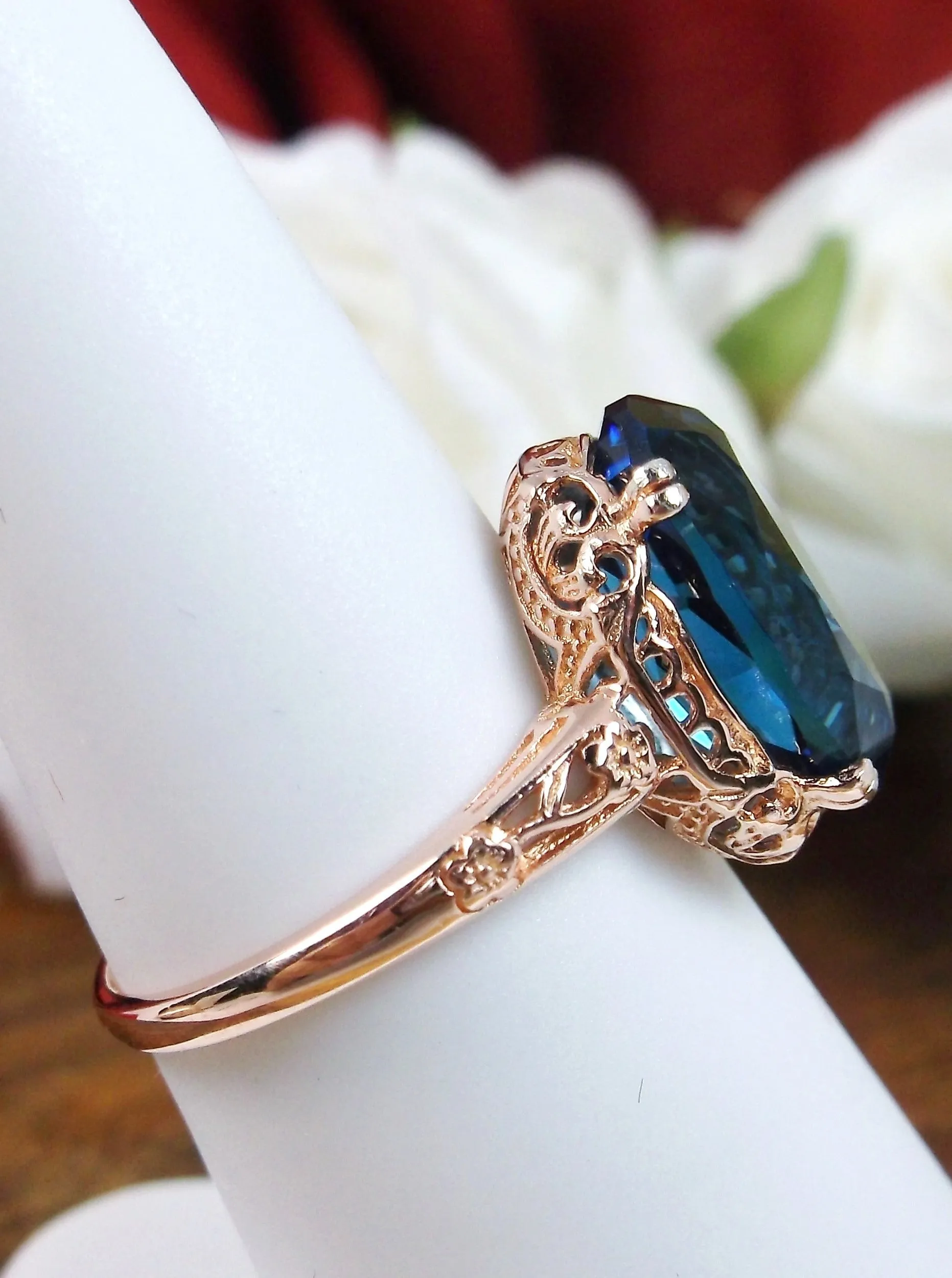 Natural London Blue Topaz Ring, 10k or 14k Rose Gold, Natural Topaz, Edwardian Jewelry #D70