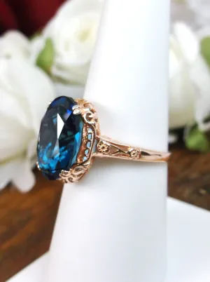 Natural London Blue Topaz Ring, 10k or 14k Rose Gold, Natural Topaz, Edwardian Jewelry #D70