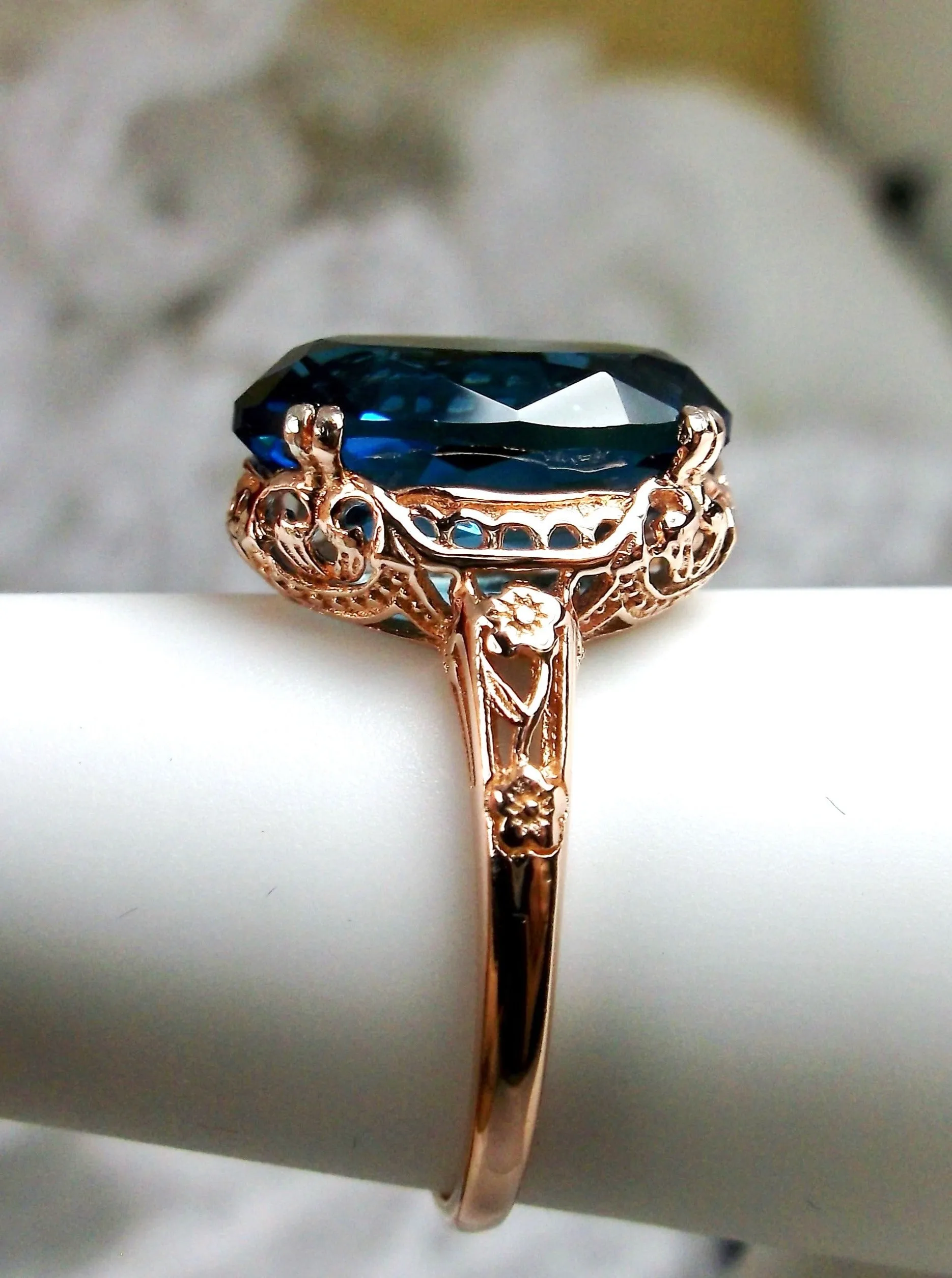 Natural London Blue Topaz Ring, 10k or 14k Rose Gold, Natural Topaz, Edwardian Jewelry #D70