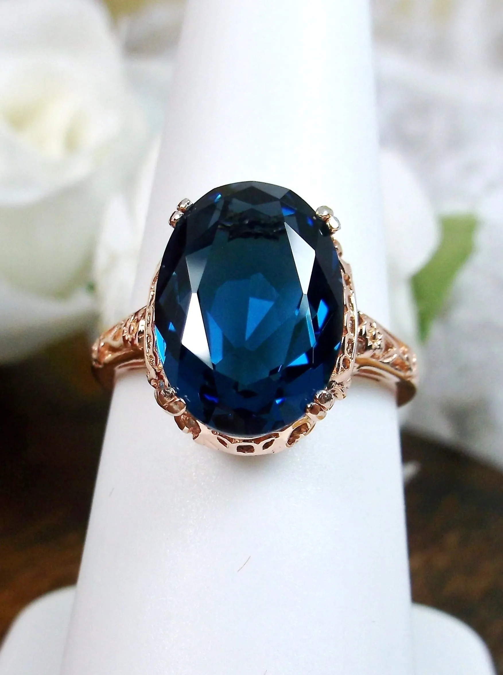 Natural London Blue Topaz Ring, 10k or 14k Rose Gold, Natural Topaz, Edwardian Jewelry #D70