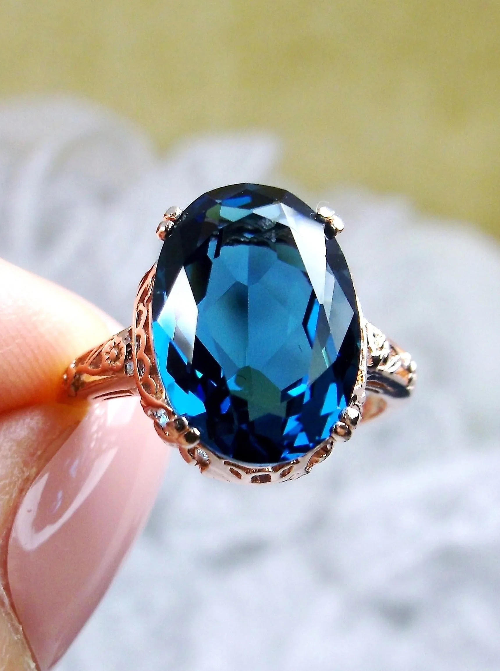Natural London Blue Topaz Ring, 10k or 14k Rose Gold, Natural Topaz, Edwardian Jewelry #D70