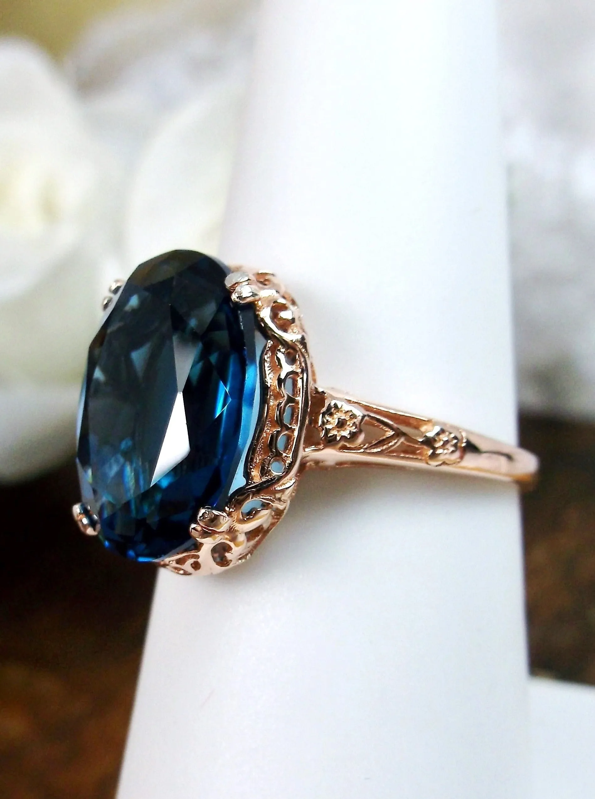 Natural London Blue Topaz Ring, 10k or 14k Rose Gold, Natural Topaz, Edwardian Jewelry #D70
