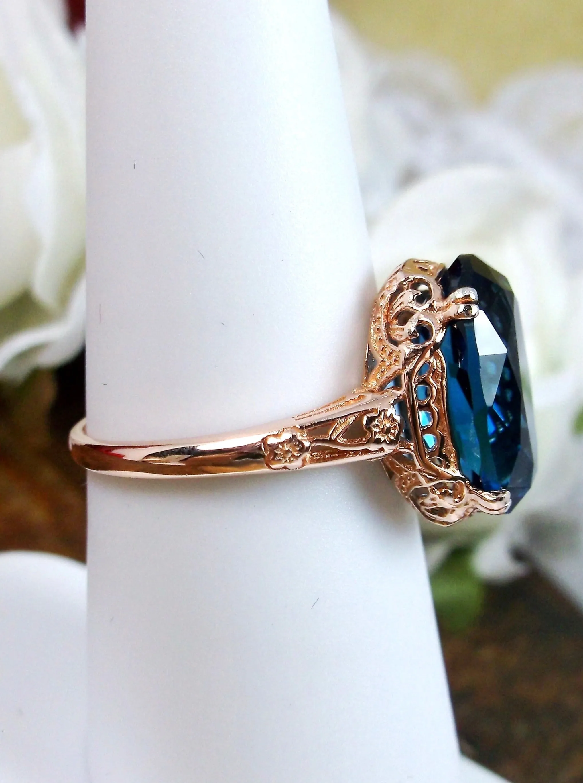 Natural London Blue Topaz Ring, 10k or 14k Rose Gold, Natural Topaz, Edwardian Jewelry #D70