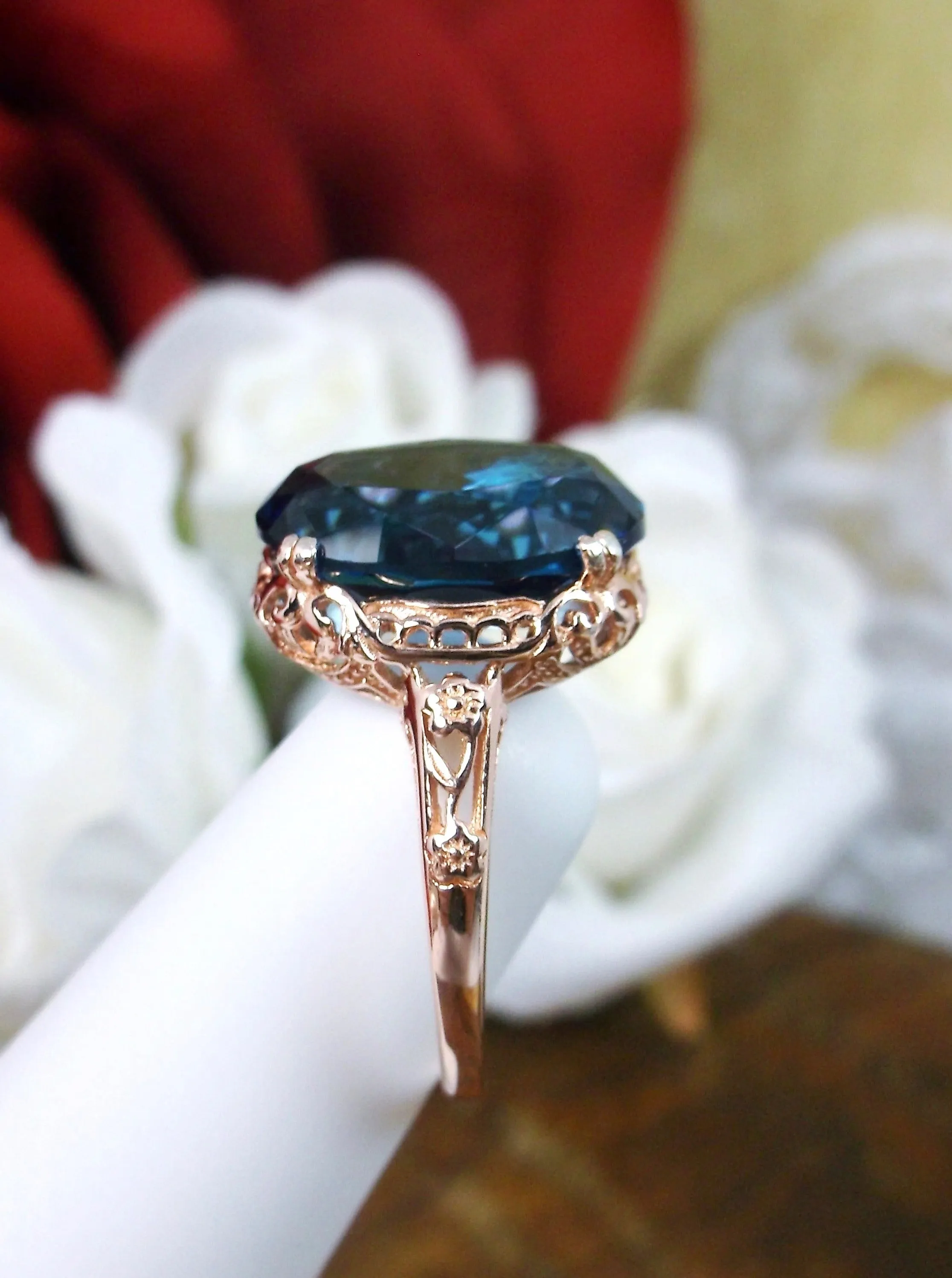 Natural London Blue Topaz Ring, 10k or 14k Rose Gold, Natural Topaz, Edwardian Jewelry #D70