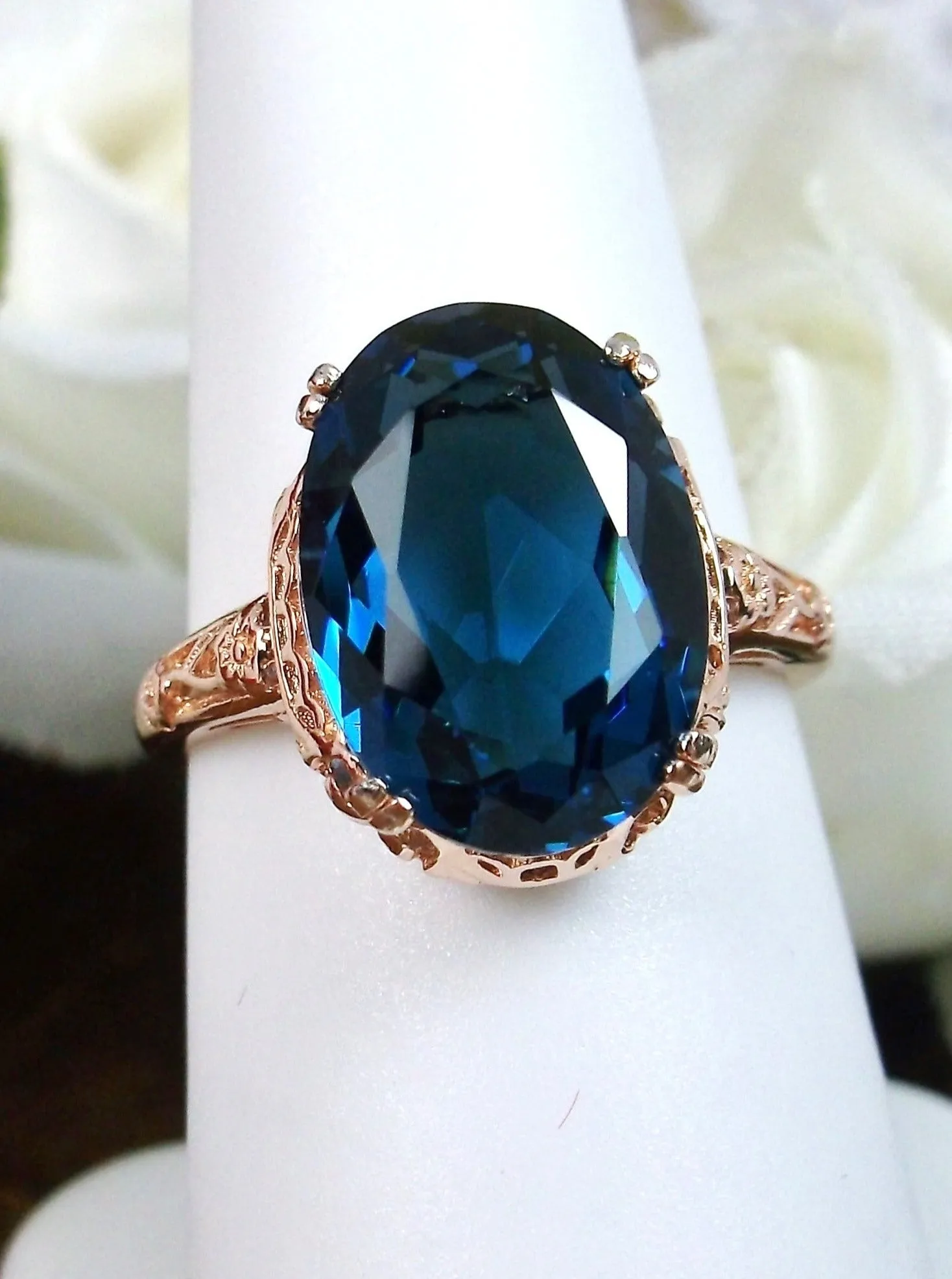 Natural London Blue Topaz Ring, 10k or 14k Rose Gold, Natural Topaz, Edwardian Jewelry #D70