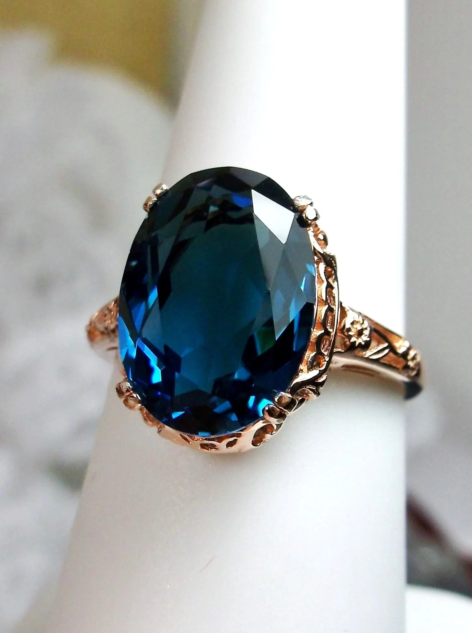 Natural London Blue Topaz Ring, 10k or 14k Rose Gold, Natural Topaz, Edwardian Jewelry #D70