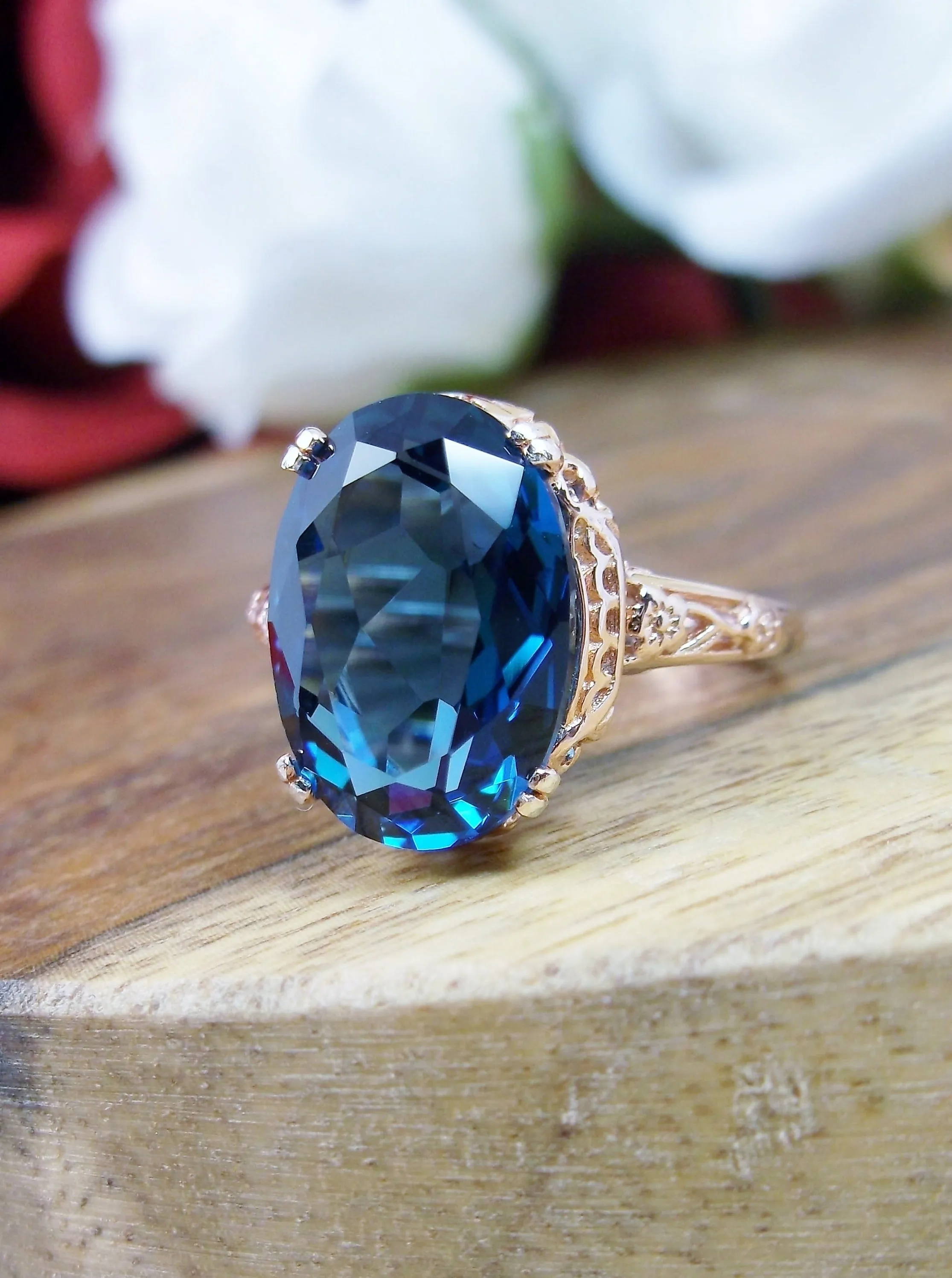 Natural London Blue Topaz Ring, 10k or 14k Rose Gold, Natural Topaz, Edwardian Jewelry #D70