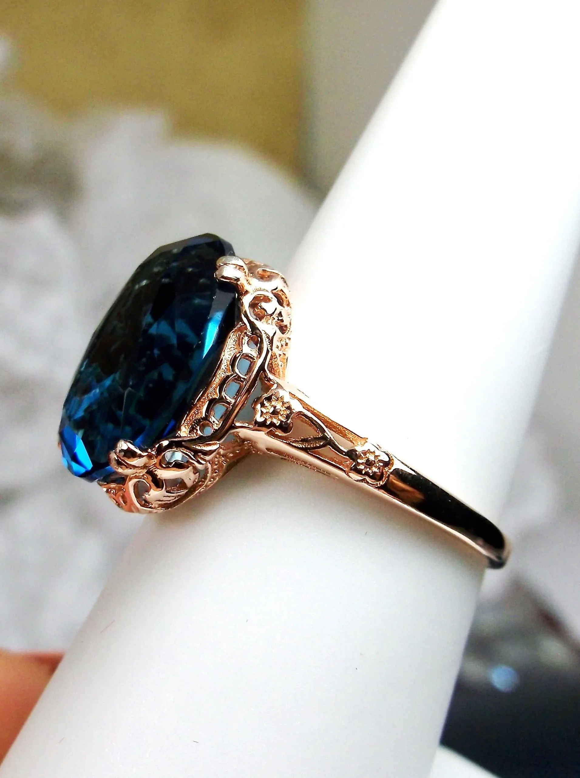 Natural London Blue Topaz Ring, 10k or 14k Rose Gold, Natural Topaz, Edwardian Jewelry #D70