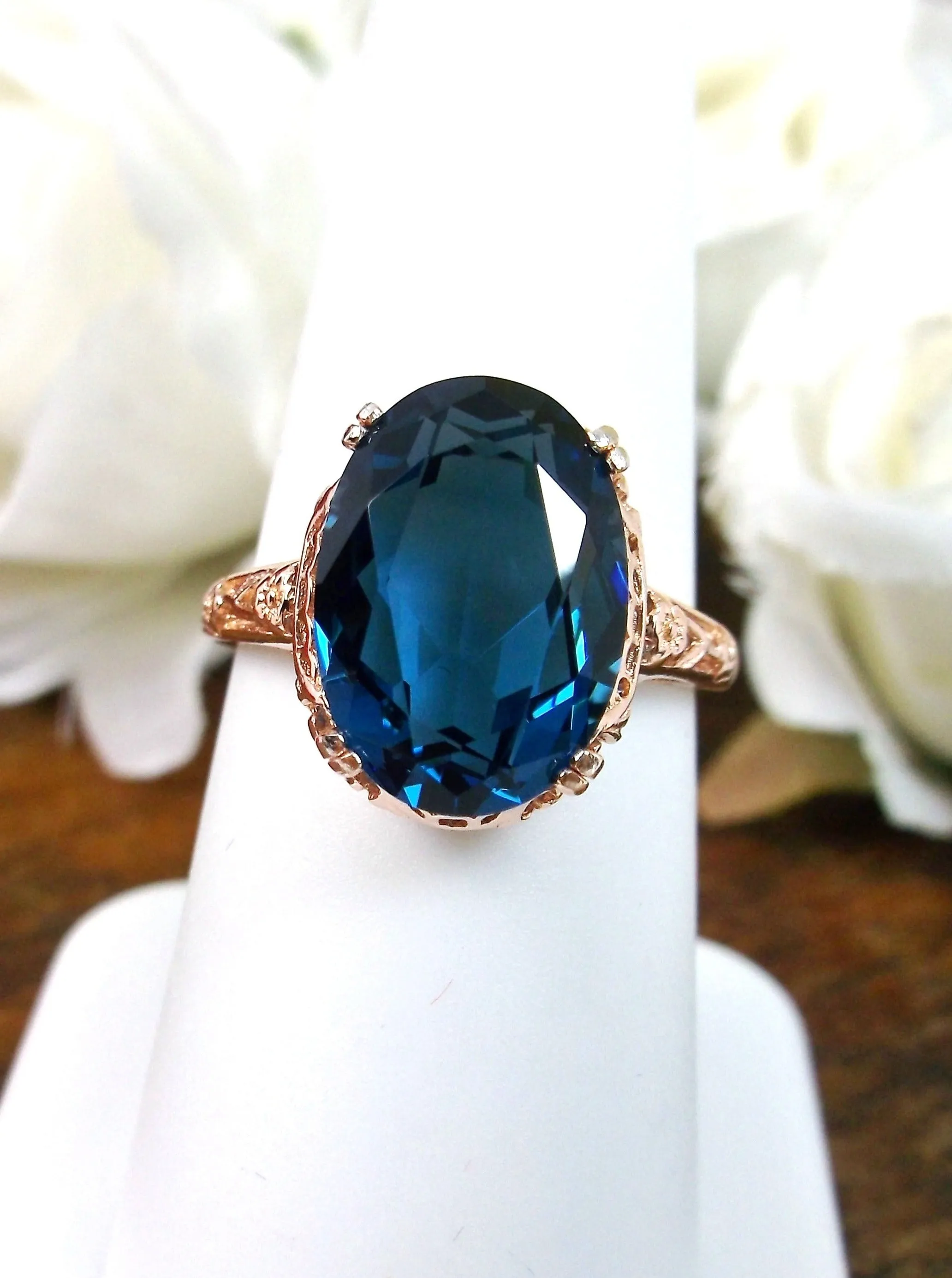 Natural London Blue Topaz Ring, 10k or 14k Rose Gold, Natural Topaz, Edwardian Jewelry #D70