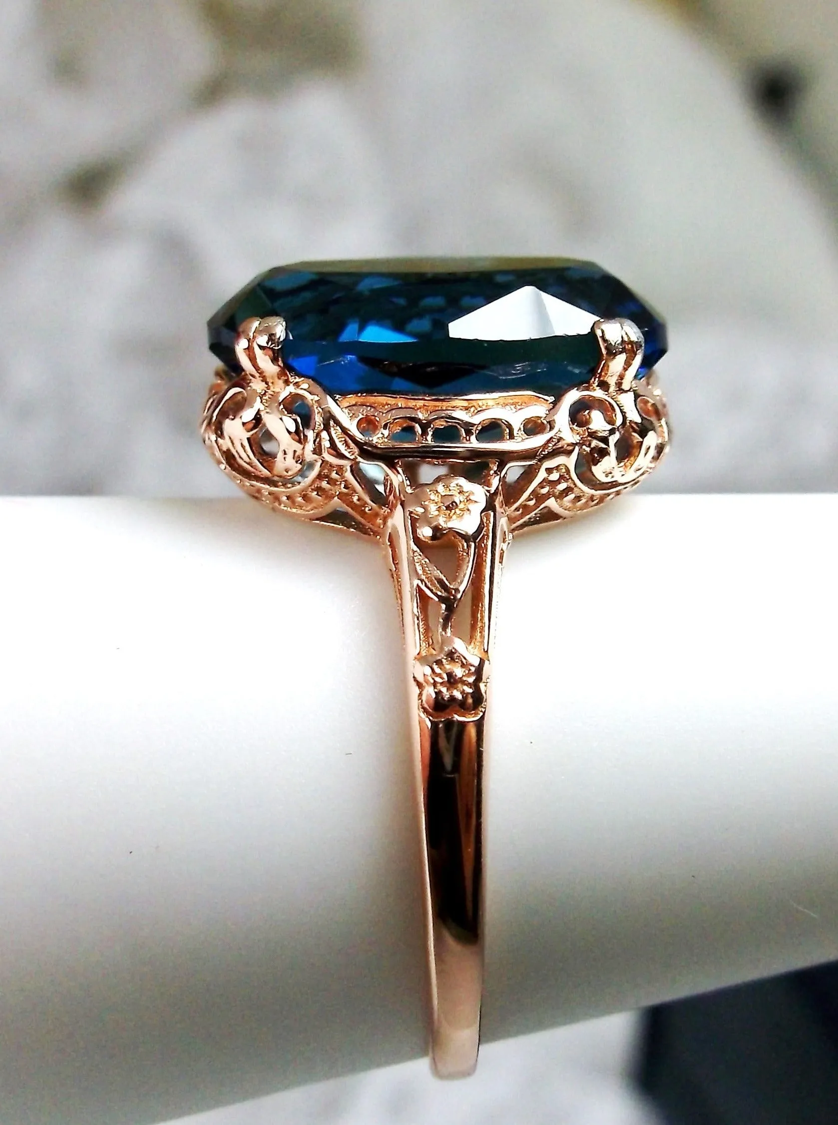 Natural London Blue Topaz Ring, 10k or 14k Rose Gold, Natural Topaz, Edwardian Jewelry #D70