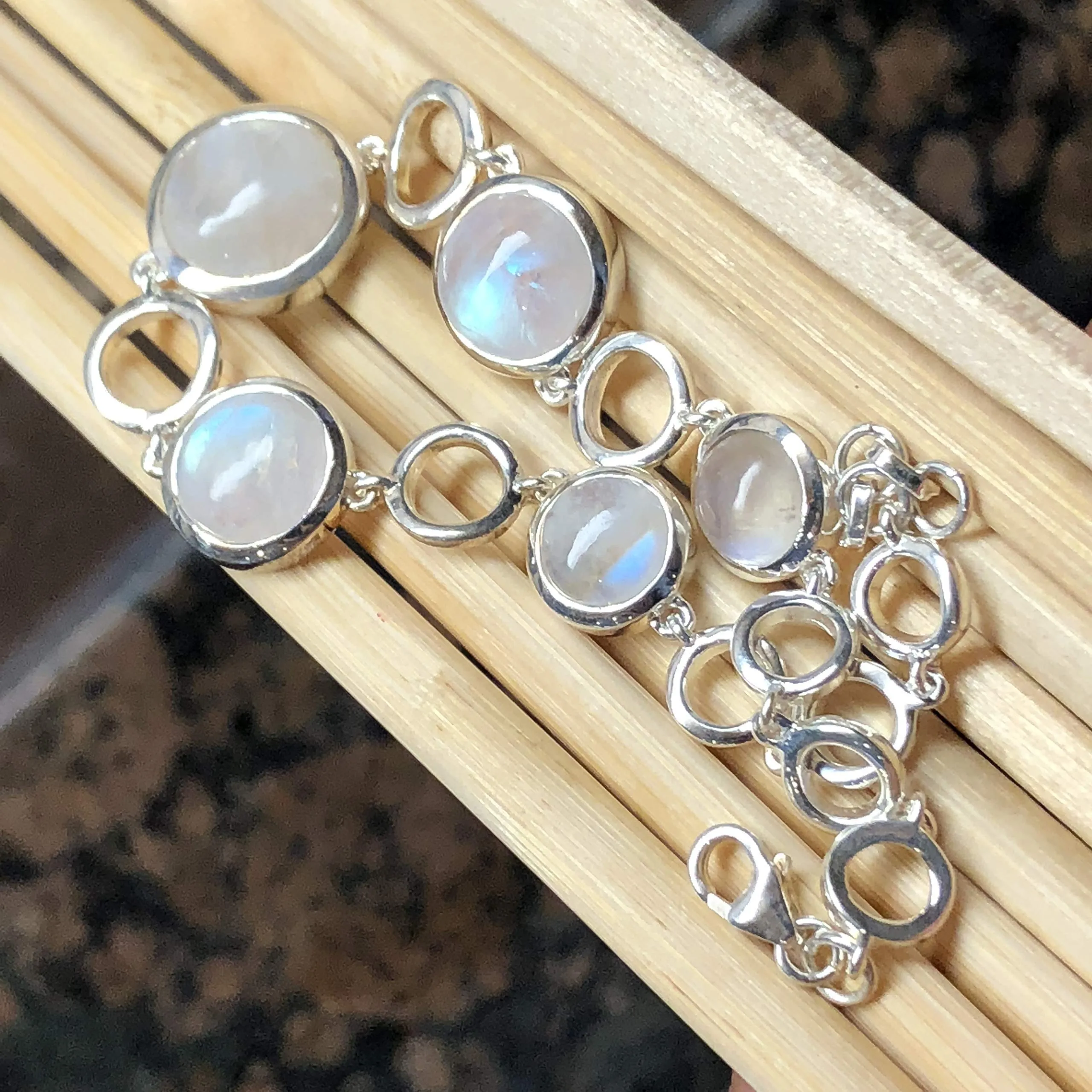 Natural Rainbow Moonstone 925 Solid Sterling Silver Bracelets 7"