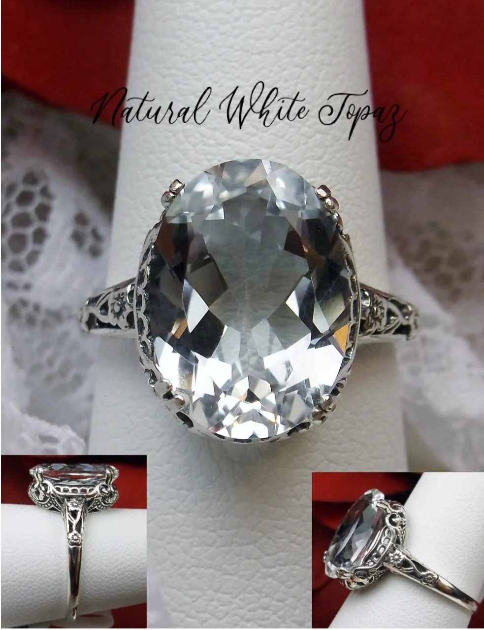 Natural White Topaz or White CZ Ring, Edwardian Vintage Jewelry #D70