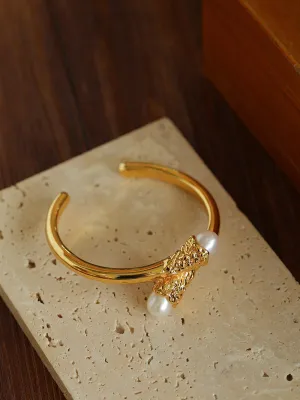 Niche Metal Wind Lava Water Drop Agate Open Bangle Bracelet-Pearl Style