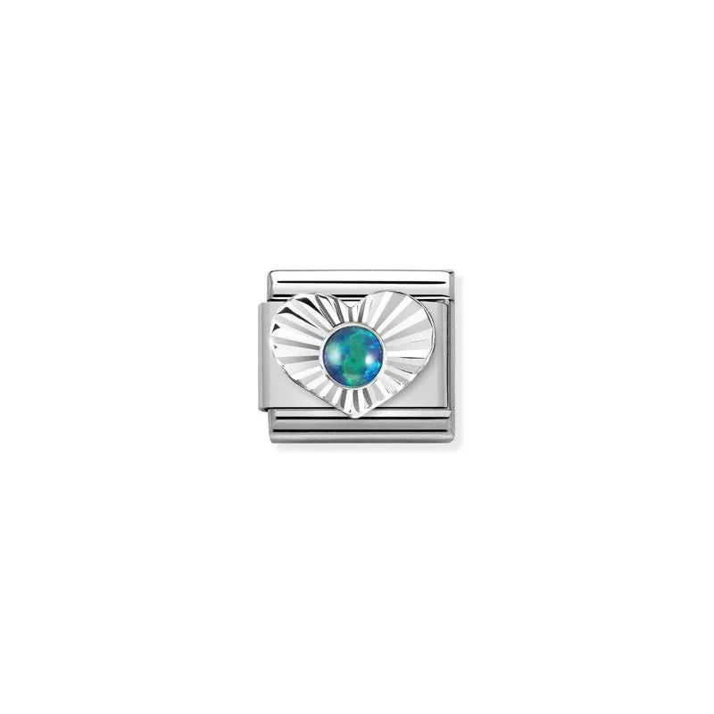 Nomination Composable Link Heart, Etched, Green Opal Stone, Silver
