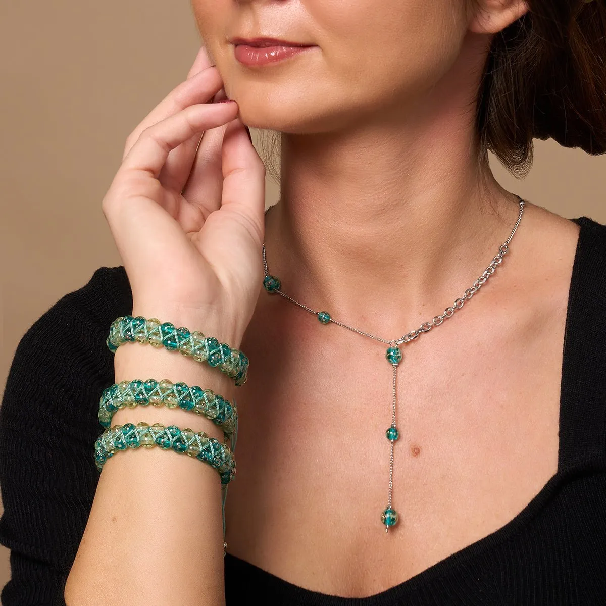 Ocean Spray | Teal x Evergreen | Double Firefly Glass Bracelet