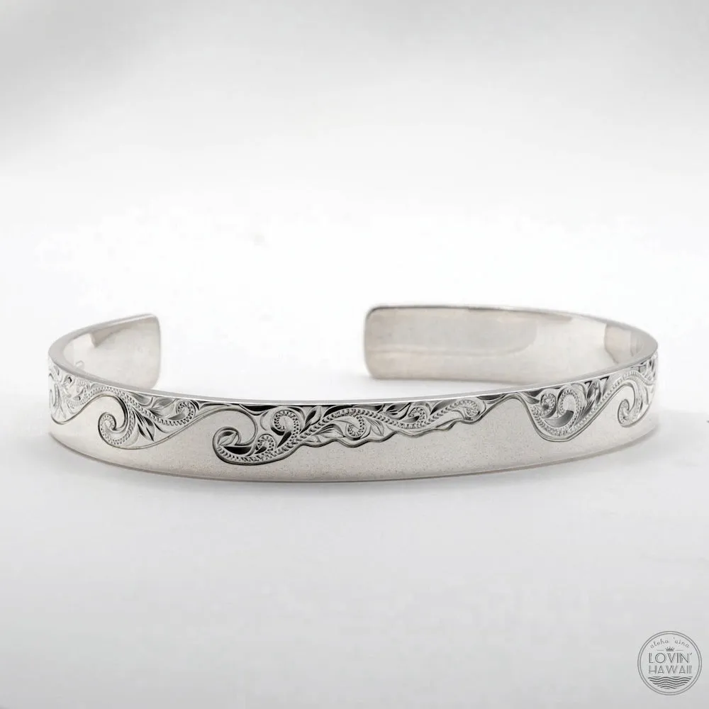 Ocean Wave Bracelet From Hawaii,Hand Engraved Design (8mm width, Flat Style)